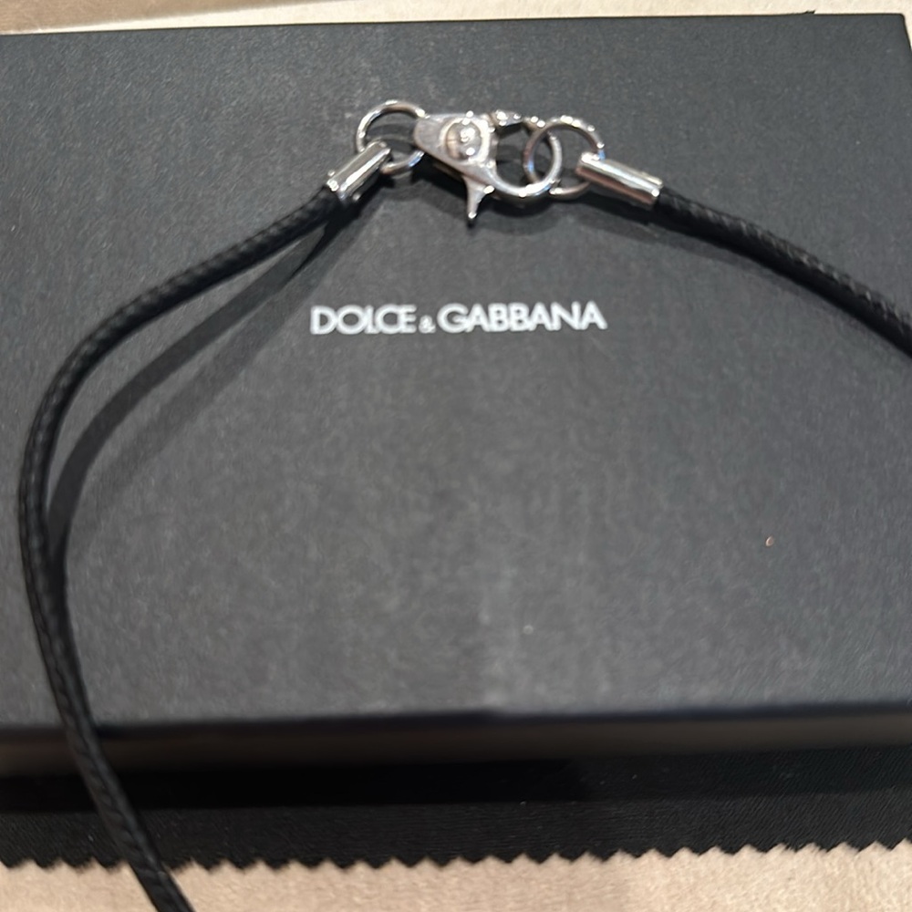 Dolce & Gabbana Leather Chain Dog Tag Necklace Silver Black - Picture 4 of 4